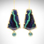 Malachite Azurite and Blue Zircon earrings in 14Kt Yellow Gold