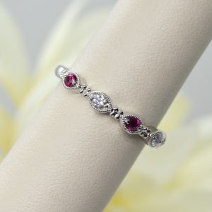 White gold stackable ring with rubies and diamonds in millgrain vintage style setting