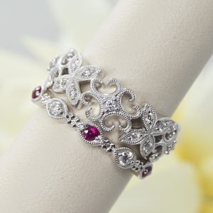 Stacking 2 rings 14K white gold, ruby and diamond band with floral filigree band ring with diamonds and millgrain detail, designed by Allison Kaufman